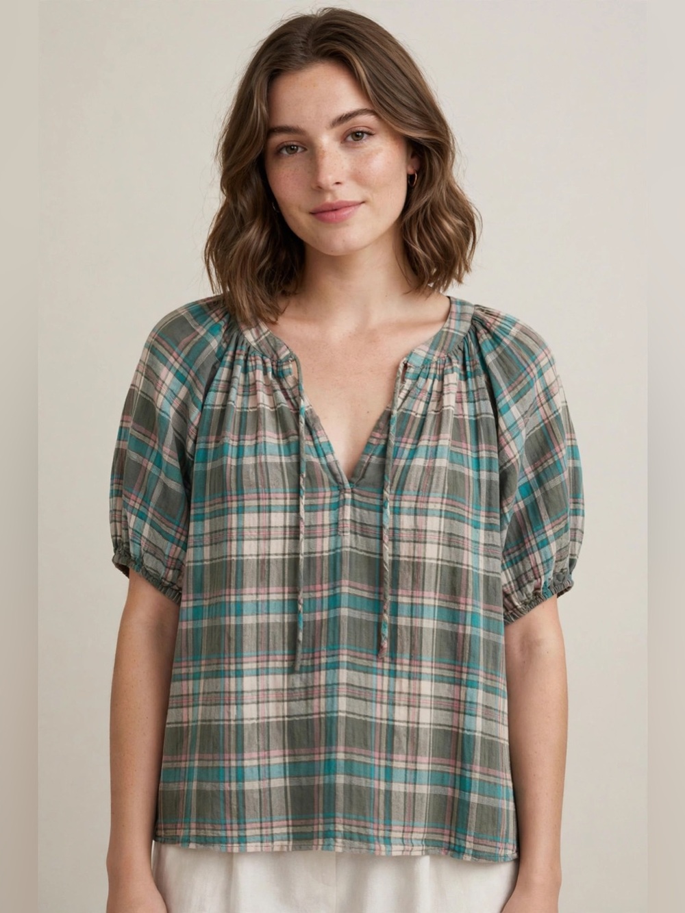LOFT Plaid Peasant Blouse in Olive and Teal